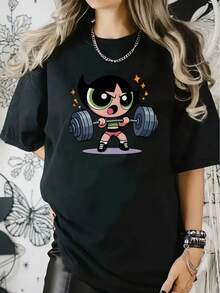 Women's Casual Summer T-Shirt - Women's Printed T-Shirt - Soft And Stretchy Short Sleeve Sports Top With An Attractive Weightlifting Graphic Design - Suitable For Casual Gatherings In All Seasons - Machine Washable Cartoon Print T-Shirt, Comfortable Fit With Breathable Sports Fabric, Ideal For Daily Workouts, Available In Local Community Stores, Quick-Release Soft Cotton Comfort At A Discount Price, Suitable For Easter, Halloween, Thanksgiving And Other Holidays. - 黑色 - 查看 1
