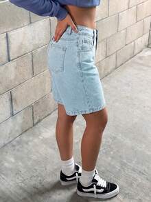 Quần short denim dáng rộng, đơn sắc, có túi Bermuda dành cho nữ - Rửa nhẹ - Xem 5