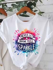 Plus Size Women's T-Shirt, Sparkling Pop Art Design - Bright And Colorful Design, Breathable Crew Neck, Regular Fit, Casual T-Shirt, Suitable For Travel And Leisure, Spring, Summer, Autumn, Medium Stretch Fabric, Travel T-Shirt | Fun Printed T-Shirt | Women's Medium Stretch Tops - 黑色 - 查看 1