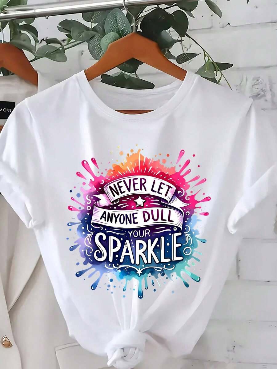 Plus Size Women's T-Shirt, Sparkling Pop Art Design - Bright And Colorful Design, Breathable Crew Neck, Regular Fit, Casual T-Shirt, Suitable For Travel And Leisure, Spring, Summer, Autumn, Medium Stretch Fabric, Travel T-Shirt | Fun Printed T-Shirt | Women's Medium Stretch Tops - 黑色 - 查看 1