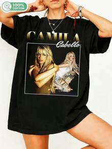 Camilaaa Cabellooo Camilaaa Cabellooo Double Portrait Gold Gradient Text Retro Pop Singer Graphic Cotton Oversized T‑Shirt For Women Music Fan Casual Streetwear Tee - Black - View 1