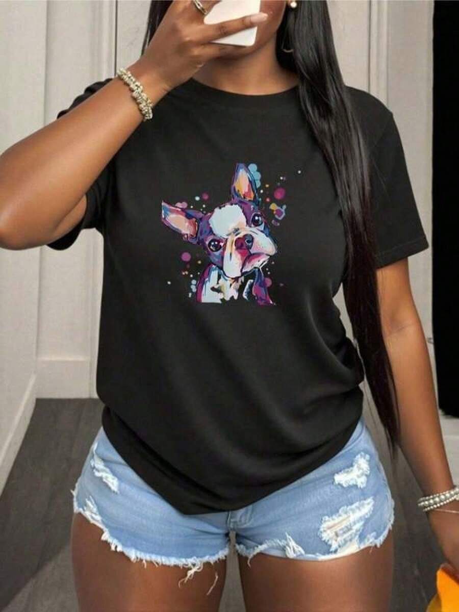 1pc Camisetas Para Mujer Camiseta única con diseño artístico de perro bulldog francés en estilo y2k para destacar tu estilo moderno y fresco ideal para cualquier ocasión y perfecta para los amantes de las mascotas hecha con materiales de alta calidad para mayor comodidad y durabilidad Camiseta De Manga Corta De Algodón - Negro - Ver 1
