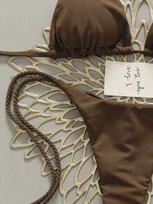 2 piezas Conjunto de traje de baño para mujer, Bikini verde menta con decoración de cuerda hecha a mano - Café integral - Ver 5