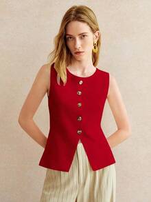 Blusa de punto con estampado de lunares, de moda para vacaciones en la playa.Blusa casual de negocios con botones y estampado de lunares para mujer.Blusa sin mangas con estampado de lunares, top de moda para mujer con estampado de lunares - Rojo - Ver 4