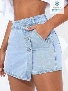 PETITE Short vaquero sexy con bolsillo frontal, cruce de cintura y abotonado para mujer - Lavado ligero - Ver 5