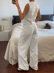 Conjunto casual de mujer con chaleco de mezclilla de frente abierto, ajustado y sin mangas, y pantalones vaqueros rectos y sueltos - Blanco - Ver 5