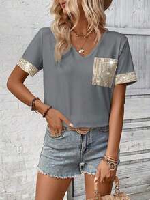 LUNE Camiseta de mujer casual de manga corta con cuello en V, parches y lentejuelas - Gris Oscuro - Ver 3