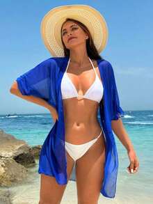 Swim  Kimono largo informal para cubrir con mangas murciélago de unicolor para mujer en vacaciones - Azul - Ver 3