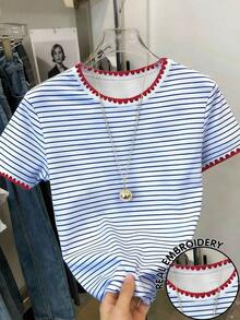 Camiseta gráfica para mujer, nuevo diseño de verano, blanca con bordado de corazón rojo y diente de perro, para uso al aire libre, estilo callejero, uso casual, citas, camiseta de manga corta para mujer - Multicolor 7 - Ver 6