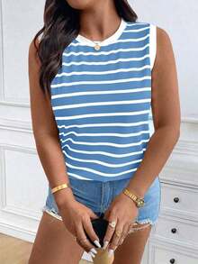 Chaleco sin mangas de mujer de talla grande, casual, de cuello redondo y con estampado de limón, de hombros anchos - Azul - Ver 3