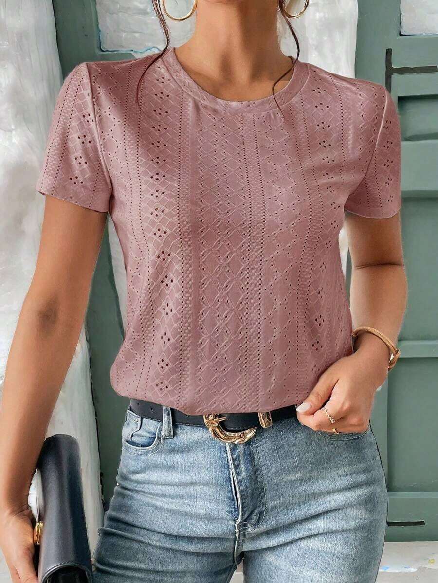 Camiseta blanca de cuello redondo con bordado de ojales, minimalista para ir a la oficina, estilo antiguo y sencillo - Rosa vieja - Ver 1