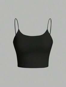 Camiseta de tirantes finos de un solo color simple, uso casual de todos los días para mujeres - Negro - Ver 4