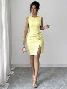Vestido corto sin mangas de mujer de unicolor, elegante, con cuello redondo, plisado, con abertura en el bajo, con botones de metal con forma de estrella de mar y concha, adecuado para fiestas, citas, trabajo, uso diario, temporada de verano, graduación, vuelta al cole, Día del Maestro - Amarillo - Ver 7