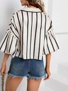 Aveloria Frievida Women's Short Sleeve Button-Down Striped Bishop Sleeve Shirt - Hitam - View 2