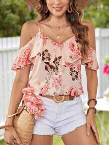 Blusa casual de verano con estampado floral y volantes en el bajo - Azul y blanco - Ver 7