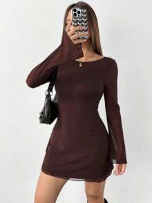 Vestido de malla con mangas de trompeta y espalda descubierta, nuevo y sexy para principios de otoño - Marrón - Ver 2