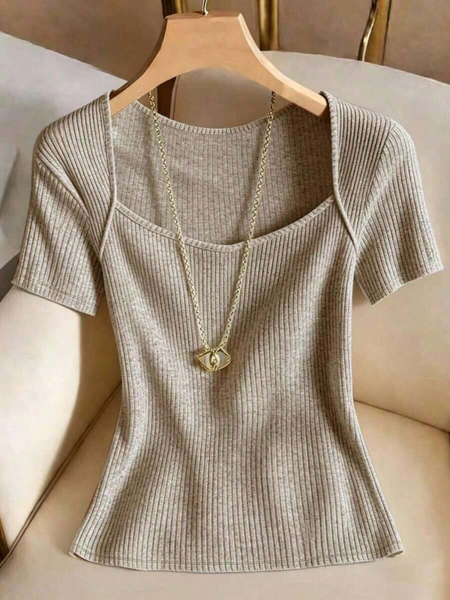 Camiseta de mujer de manga corta con cuello cuadrado acanalado de unicolor - Albaricoque - Ver 1