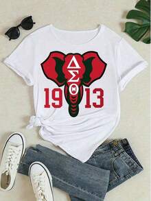 Cute Unisex Premium Casual T-Shirts, Short Sleeve T-Shirt With Round Neck And Graphic Print Of Delta Sigma Theta Elephant And The Inscription 1913, Casual Summer T-Shirt For Women, Urban Style, For Valentine's Day, Summer-Unisex, Suitable For Casual Daily Outings, Short Sleeve Summer T-Shirt, Retro Y2K Print T-Shirt. - 白色 - 查看 4