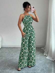 Mono de tela estampada con envolvente frontal para mujer, diseño que define la cintura para usar en ocasiones elegantes, ya sea de fiesta o diario - Verde 2 - Ver 6