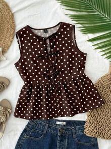 Blusa de tirantes casual con volantes y bordado en el bajo para vacaciones de mujer - Marrón - Ver 8