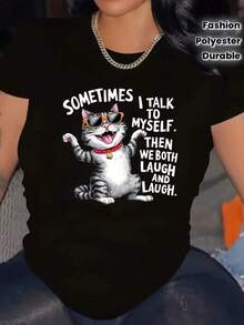 Camiseta negra informal de manga corta con cuello redondo para hombre,Camisetas Para Mujer Camiseta divertida con diseño de gato hablando consigo mismo ideal para amantes de los felinos y el humor y2k estilo moderno hecha de poliéster durable perfecta para ocasiones informales atrévete a lucirla y causar sonrisas - Negro - Ver 1