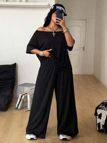 Conjunto de dos piezas de camiseta hombros descubiertos y pantalón ancho de chándal para mujer talla grande, minimalista, ropa de calle, uso diario, salir, deporte, cómodo - Blanco y Negro - Ver 6