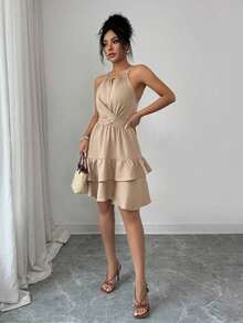 Vestido mini ajustado y acampanado sin mangas, elegante, de color caqui, con lazo de cuentas, para primavera/verano de mujer - Albaricoque - Ver 4