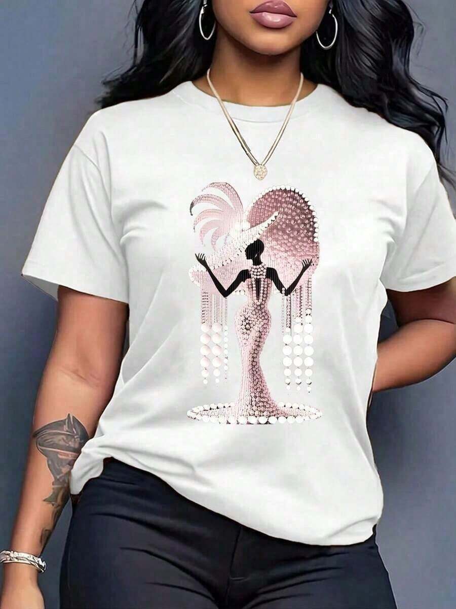 Women's Short-Sleeved T-Shirt, Size - Women's Short-Sleeved T-Shirt, Size, With Artistic Imitation Pearl Print, Elegant, Ballerina Style, Pink Color, Pearl, Comfortable Casual Top For Daily Wear, Suitable For The Autumn Environment, Breathable And Slightly Elastic, Machine Washable. - 白色 - 查看 1