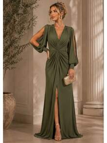 Bridesmaid Dress For Party Guests Reception Graduation Without Shine, Long Sleeves, Openwork In Fluity With Slit - xanh quân đội - Xem 1