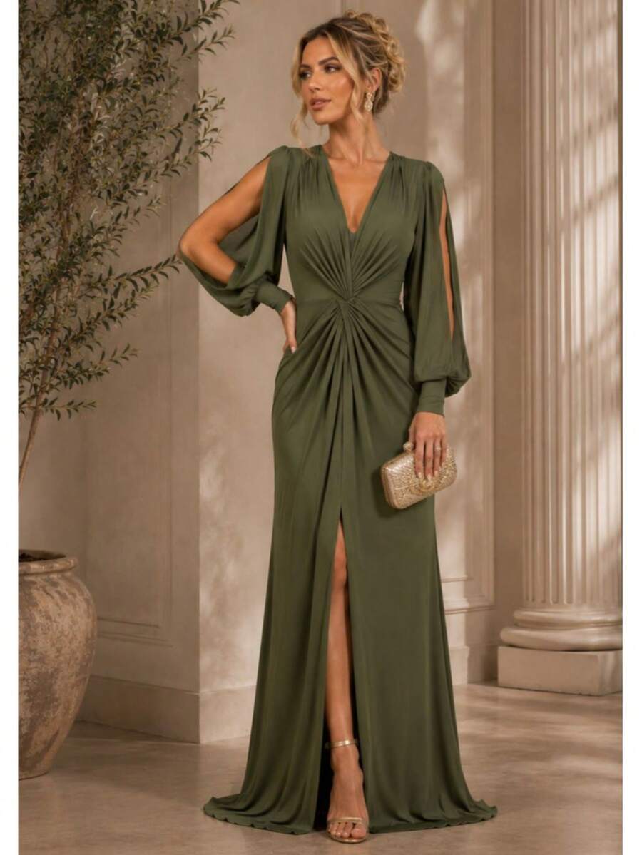 Bridesmaid Dress For Party Guests Reception Graduation Without Shine, Long Sleeves, Openwork In Fluity With Slit - xanh quân đội - Xem 1