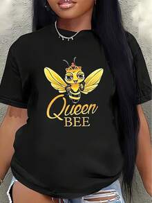 Women's Short-Sleeved Polyester T-Shirt With Queen Bee Print, Suitable For Casual Wear At Home And In Restaurants, Lightweight And Durable Design, Comfortable Fit, Stylish Printed T-Shirt, Available In Various Colors. - Black - View 7