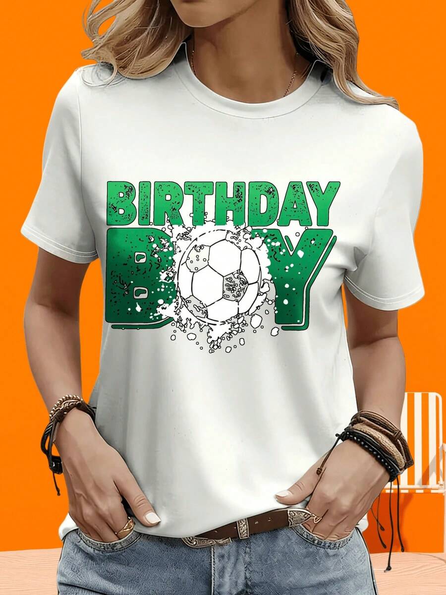 Graphic T-Shirt For Birthday Party, Gift For Boy, Soccer, For Men, Women, Unisex, Adults, Short Sleeve T-Shirt For Ladies, Black And White, For Outdoor Leisure And Home - 白色 - 查看 1