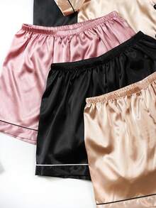 6pcs Satin Pajama Set For Women, Lapel Collar Button Front Solid Color Short Sleeve Shirt And Shorts, Soft Loungewear Sleepwear Set For Women, Suitable For Home Use - Multicolor - View 4