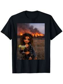 Camiseta con meme de cara de muñeca angustiada |   Corte holgado informal, cuello redondo, tela ligeramente elástica, perfecto para disfraces festivos de adulto. - Negro - Ver 7