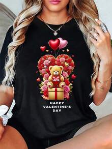 Camiseta rosa para mujer para el Día de San Valentín - Lindo estampado de oso de peluche con rosas y corazones, texto de Feliz Día de San Valentín, elasticidad media, estilo vintage urbano, unisex, holgada, de algodón, manga corta, cuello redondo, blusas para mujer. blusas.blusas casuales para dama.Impresión de osos cariñosos.Camiseta estampada Impresión de osos cariñosos. - Negro 3 - Ver 7