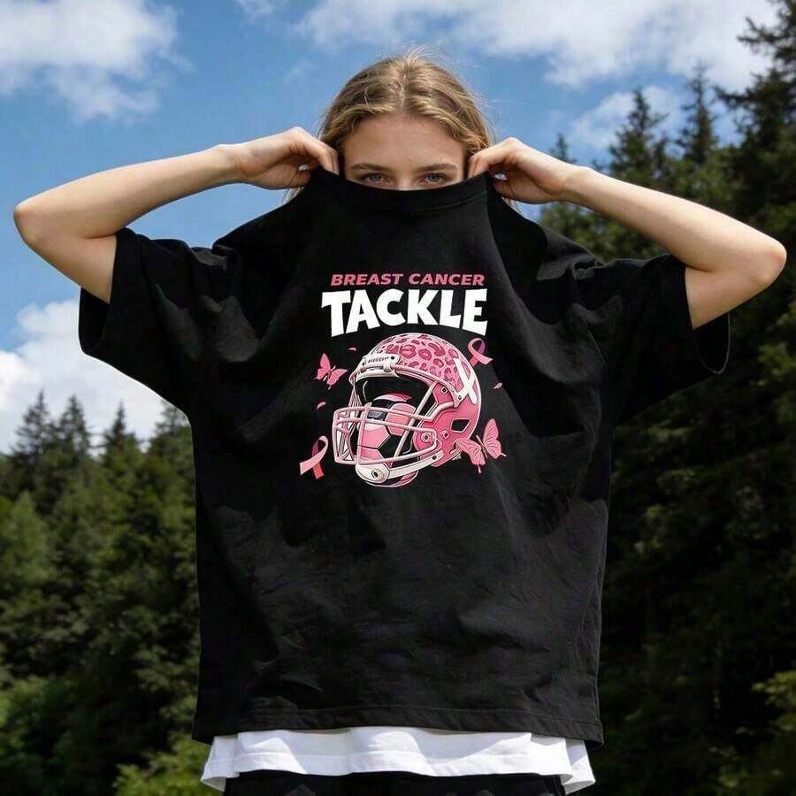 Ropa de verano para mujer, camiseta de algodón suave y casual con cuello redondo, estampado de leopardo rosa, estampado de casco de fútbol, estampado de mariposa, estampado de letras sobre cáncer de mama. Color. Adecuado para primavera, verano y otoño - Negro - Ver 1