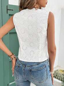 Frenchy Blusa informal de mujer con botones delanteros y sin mangas a rayas, conjunto de ropa de oficina para mujer, ropa de mujer para invierno, atuendos de otoño, camisa blanca de mujer, blusas sin mangas - Blanco - Ver 2