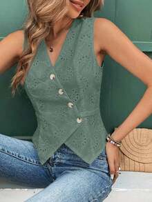 Frenchy Blusa informal de mujer con botones delanteros y sin mangas a rayas, conjunto de ropa de oficina para mujer, ropa de mujer para invierno, atuendos de otoño, camisa blanca de mujer, blusas sin mangas - Verde - Ver 6