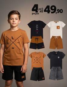 Kit 4 Peças Conjunto Menino Infantil Juveil Bebê Verão 2 Conjuntos Algodão Estiloso - 2 Shorts 2 Camisas Envio Sortido - Multicolorido - Visão 1