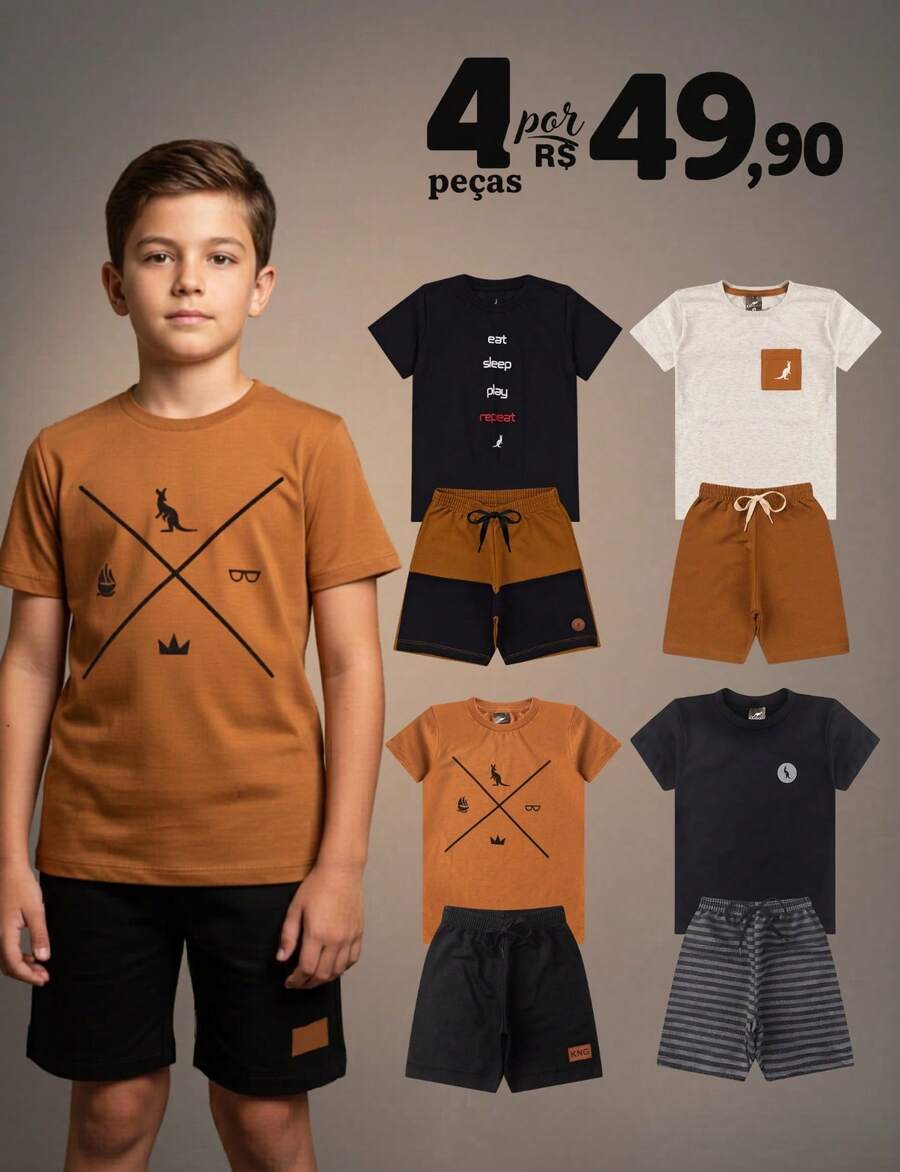 Kit 4 Peças Conjunto Menino Infantil Juveil Bebê Verão 2 Conjuntos Algodão Estiloso - 2 Shorts 2 Camisas Envio Sortido - Multicolorido - Visão 1