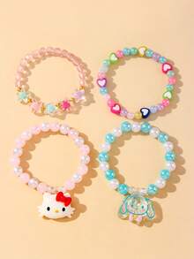 2pcs/Set Sanrio Cute Kitty Pendant Pearl Beaded Bracelet, Suitable For Holiday Party Campus Birthday Gift For Girls, Colorful Beads Random - Multicolor - View 10