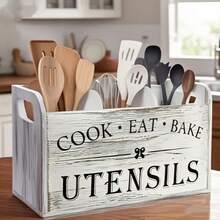 Portautensili in legno rustico extra large - Organizer da appoggio o da parete con 3 scomparti, adatto per attrezzi da cucina e da forno, supporto multifunzione per la cucina di alta qualità - Multicolore - Visualizzare 4
