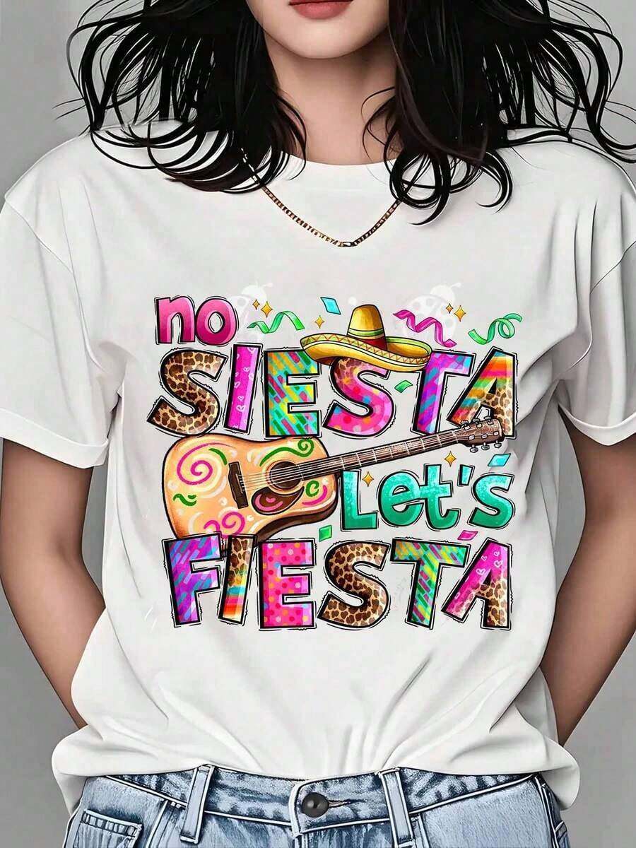 No Siesta Lets Fiesta, Camiseta Mexicana para Mujer, Divertida Camiseta de Verano con Diseño de Sombrero y Guitarra para Celebración del Cinco de Mayo, Ropa Festiva, Camiseta de Mujer - Blanco - Ver 1