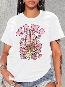 Women's T-Shirt With Heart And Flower Design, "Mama Love You Be Mine" Print, Gift For Valentine's Day Or Mother's Day - 白色 - 查看 1