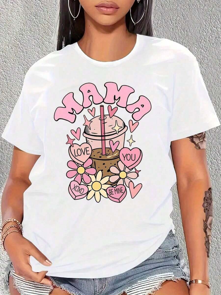 Women's T-Shirt With Heart And Flower Design, "Mama Love You Be Mine" Print, Gift For Valentine's Day Or Mother's Day - 白色 - 查看 1