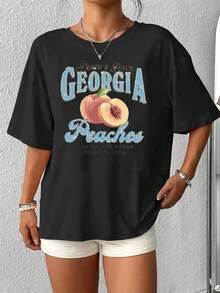 Camiseta de moda de verano para hombre, diseño gráfico vintage de melocotones frescos y jugosos de Georgia, algodón suave, estilo casual, perfecta para el verano, atuendo elegante y cómodo, diseño único con estampado de frutas, ropa para hombre, adecuada como regalo. playera de mujer. blusas>elegantes. boho chic,Top de mujer suave, transpirable y cómodo, ideal para primavera, verano y otoño, perfecto para vacaciones, viajes y uso diario. - Negro - Ver 5