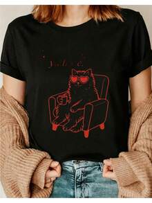 Camiseta de mujer con estampado de letras "Todo Bien Ya Llore" en estilo suave español, top casual de manga corta y cuello redondo, adecuada para primavera y verano, modelo de ropa femenina i01, apta para todas las estaciones, casual y versátil, blusas elegantes para mujer. - Negro - Ver 1