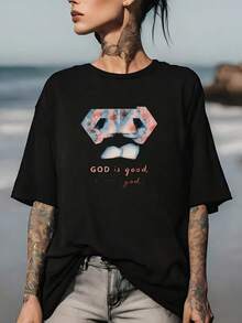 Camiseta God Is Good con diseño de escudo floral de 180 g para reuniones familiares, regalo perfecto, ideal para actividades de team building en la empresa, camiseta de verano ligera y cómoda, diseño. - Negro - Ver 7