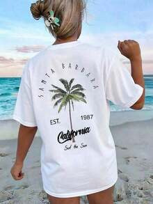 Women's Short-Sleeved T-Shirt, Casual Style, Round Neck, Palm Tree And Letter Print, Holiday Style, White And Pink, 100% Cotton, Urban Casual Style. - 白色 - 查看 11