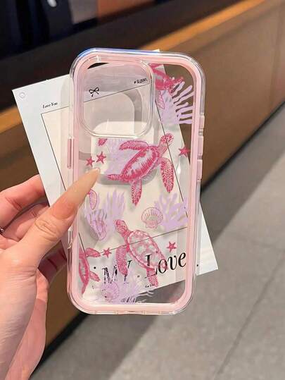1 pieza Funda de teléfono de dos colores con diseño de tortuga marina rosa, material de TPU, adecuada como regalo de vacaciones, compatible con Apple iPhone 11 12 13 14 15 16 Pro/Pro Max/14 15 16 Plus/17, unisex